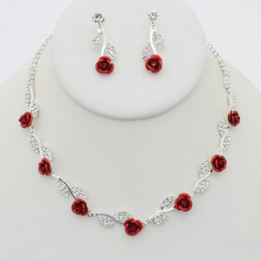 Rhinestone Rose Necklace Earring Set - Tigbul's Variety Fashion Shop