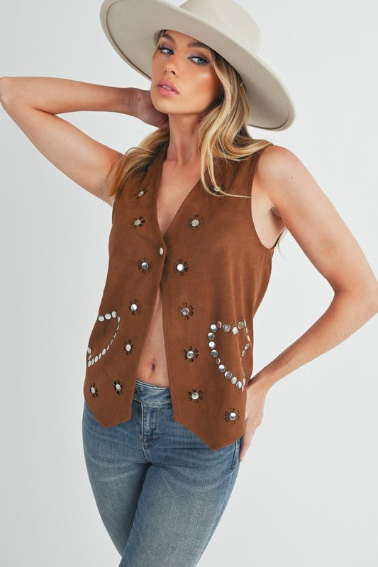 Brown Heart Rivet Detail Suede Vest Coat - Tigbul's Variety Fashion Shop