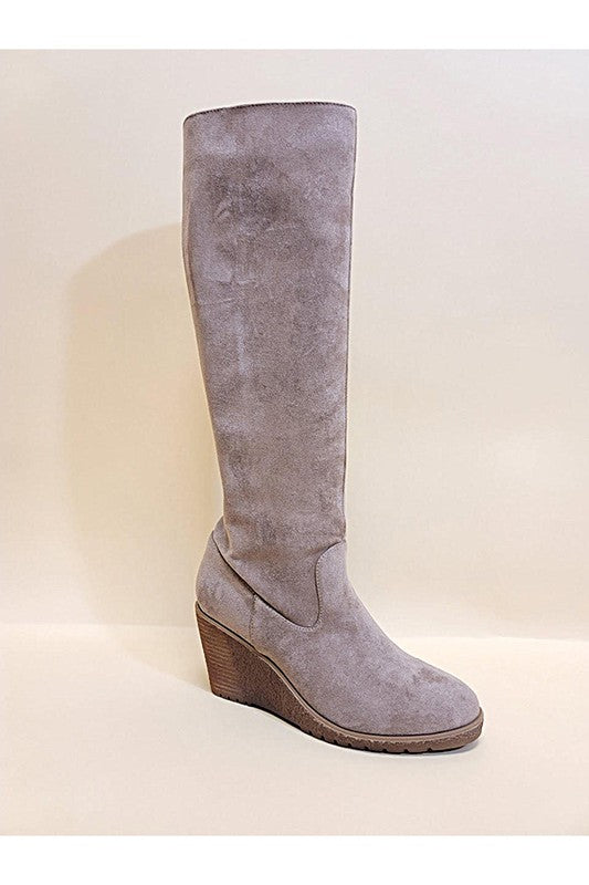 Taupe Knee-High Wedge Heel Boots - Tigbul's Variety Fashion Shop