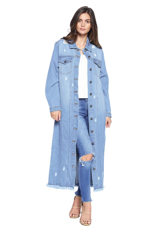 Women's Long Distressed Denim Jacket - Tigbul's Variety Fashion Shop