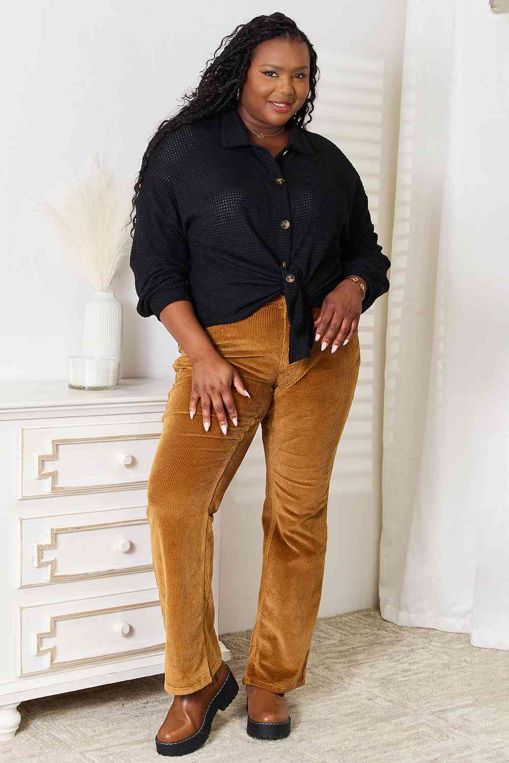 Double Take Waffle-Knit Collared Neck Dropped Shoulder Shirt - Tigbuls Variety Fashion