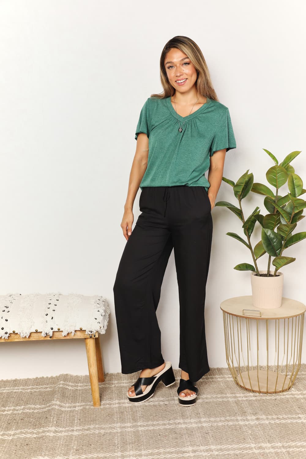 Double Take Ruched V-Neck Short Sleeve T-Shirt - Tigbuls Variety Fashion