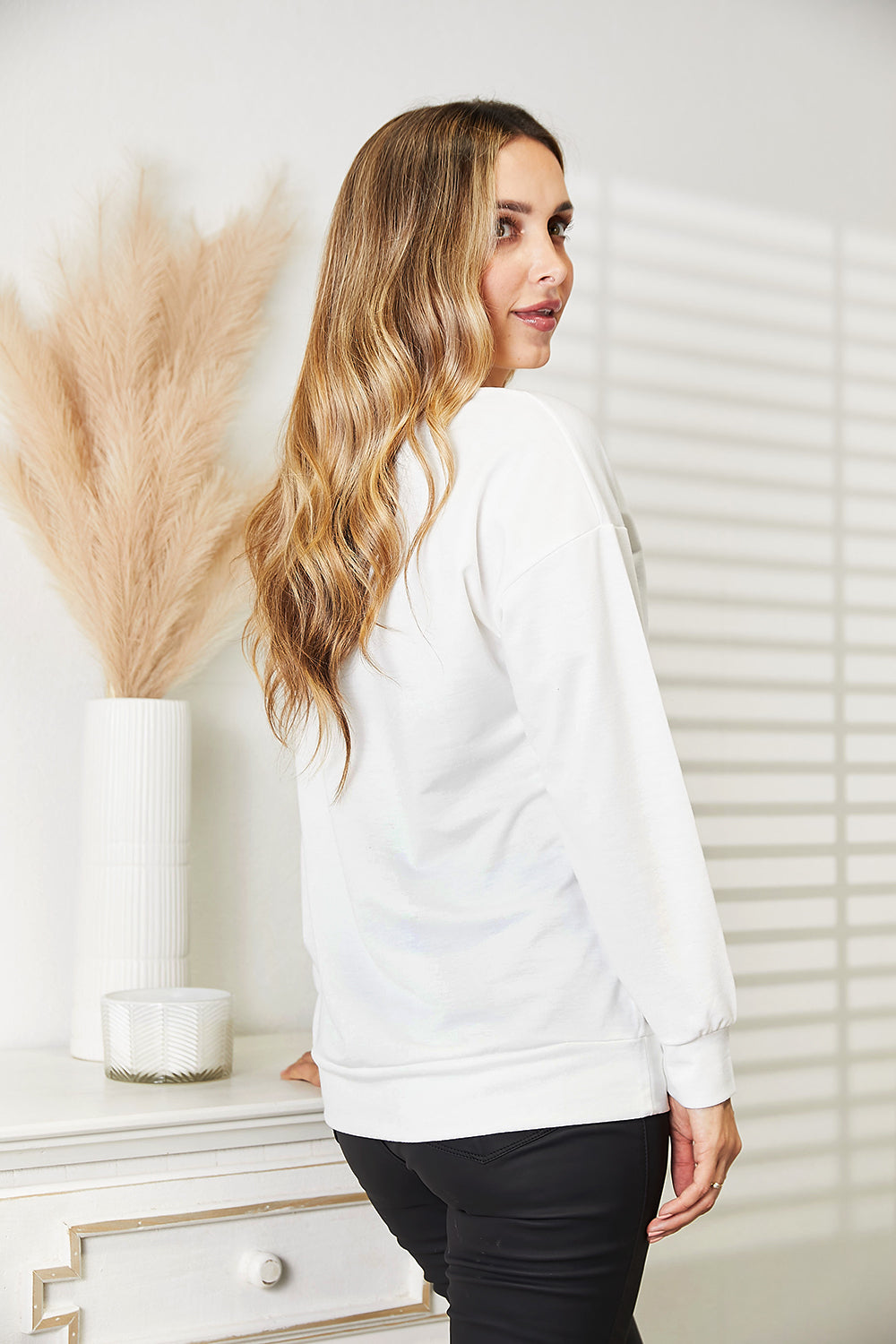 Double Take Graphic Dropped Shoulder Round Neck Sweatshirt - Tigbuls Fashion