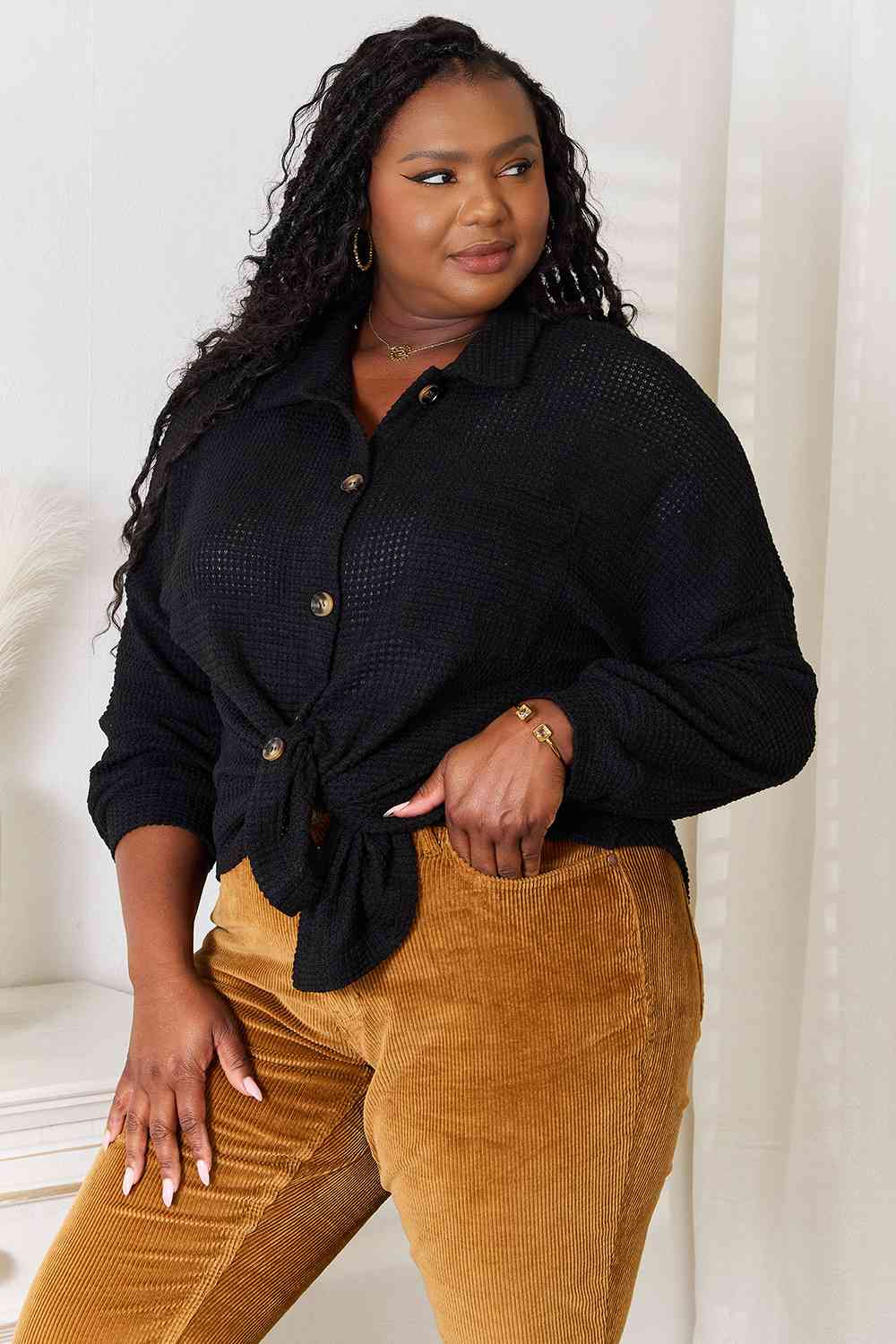 Double Take Waffle-Knit Collared Neck Dropped Shoulder Shirt - Tigbuls Variety Fashion