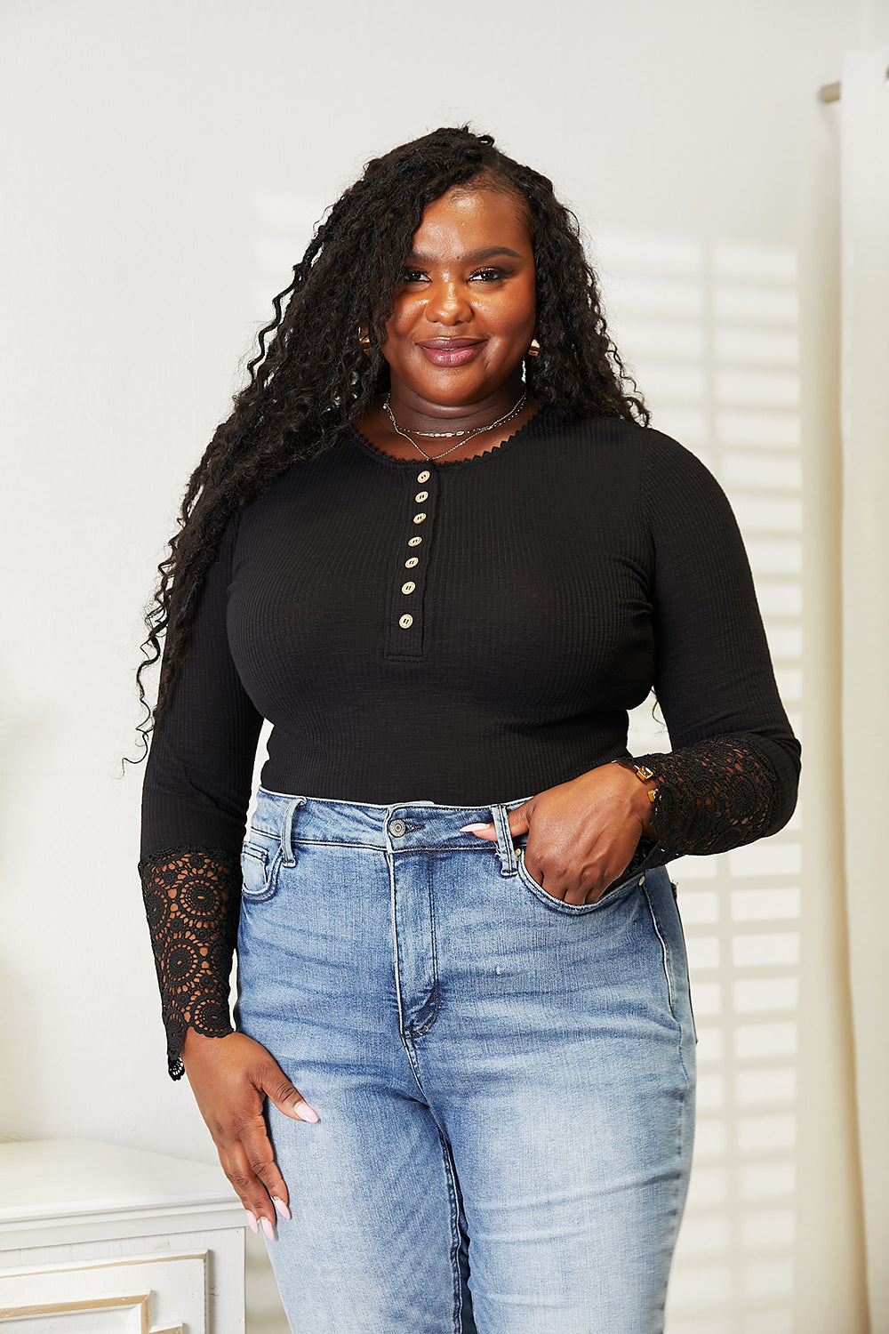 Double Take Crochet Lace Hem Sleeve Button Top - Tigbuls Variety Fashion