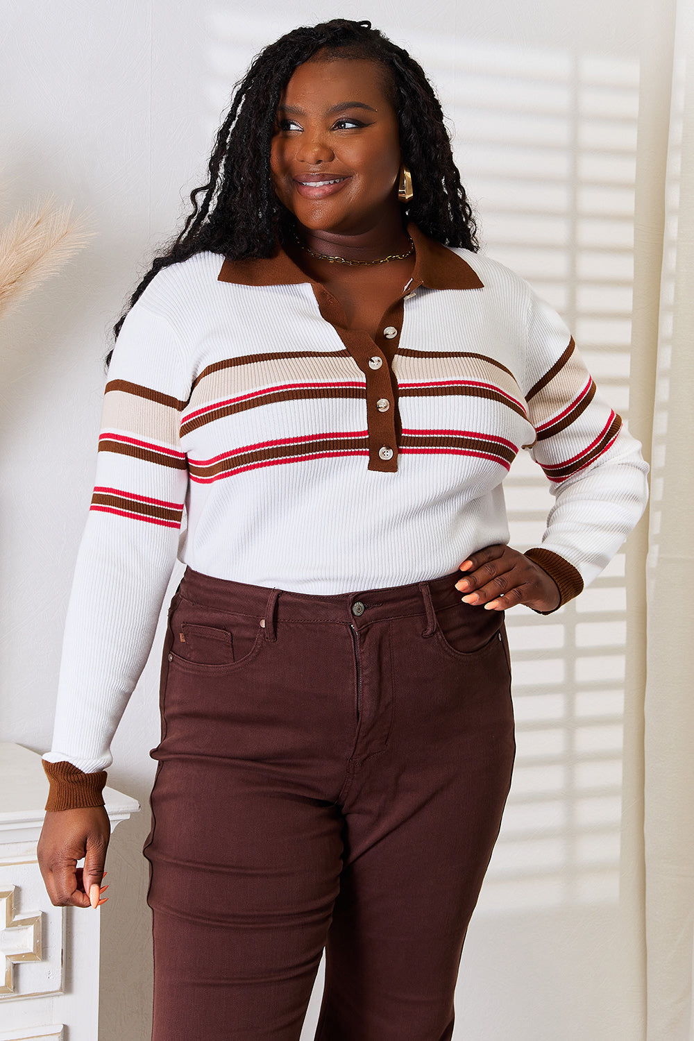 Basic Bae Striped Collared Neck Rib-Knit Top - Tigbuls Variety Fashion