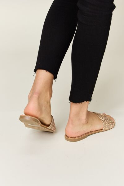 Rose Gold Rhinestone Open Toe Flat Sandals - Tigbul's Variety Fashion Shop
