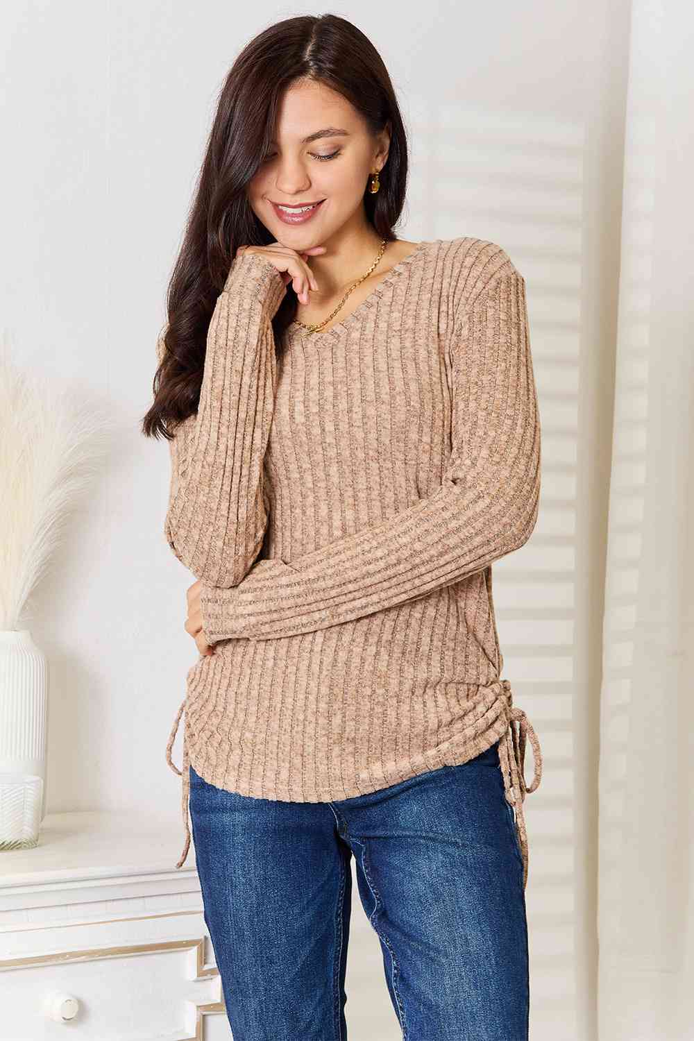 Double Take Drawstring Ribbed Long Sleeve T-Shirt - Tigbuls Variety Fashion