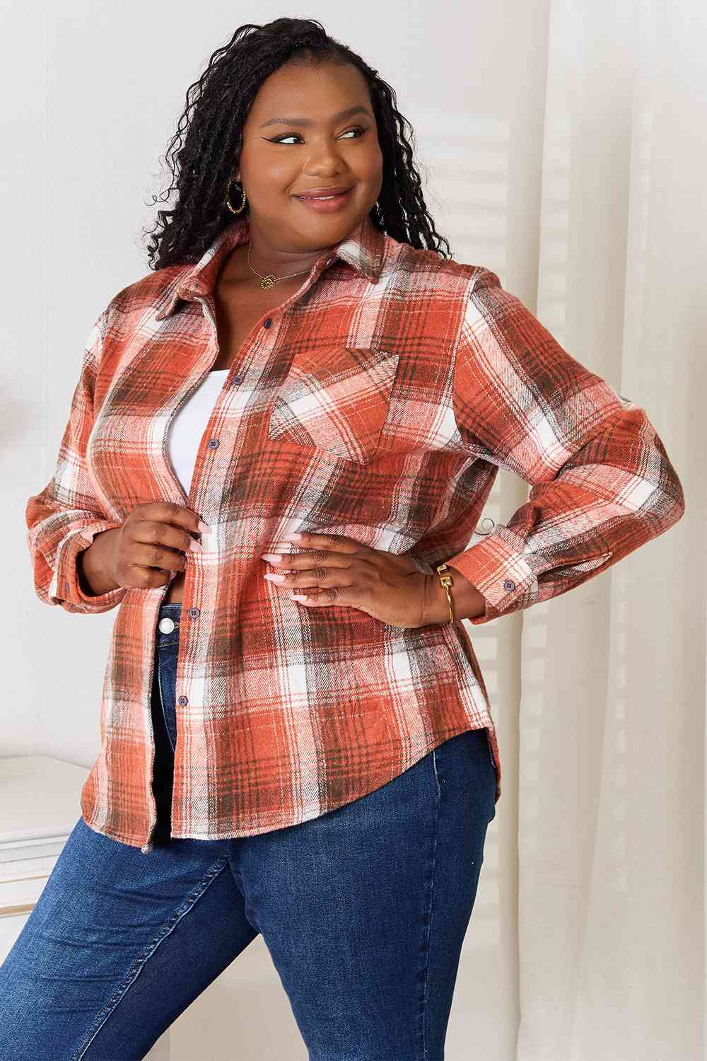 Double Take Plaid Collared Neck Long Sleeve Shirt - Tigbuls Variety Fashion