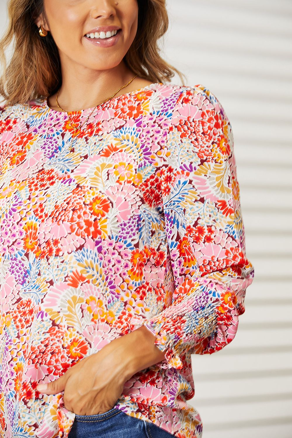 Double Take Floral Print Long Puff Sleeve Blouse - Tigbuls Variety Fashion