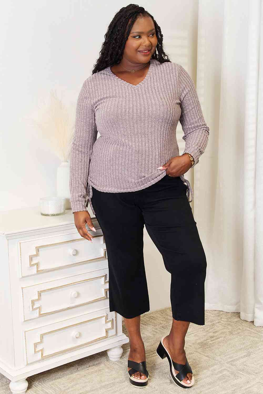 Double Take Drawstring Ribbed Long Sleeve T-Shirt - Tigbuls Variety Fashion