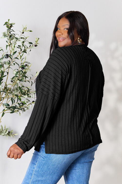 Ribbed Round Neck Long Sleeve T-Shirt - Tigbuls Variety Fashion