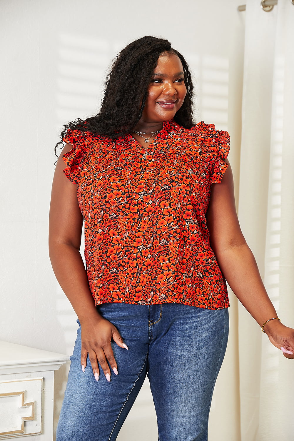 Double Take Floral Flutter Sleeve Notched Neck Blouse - Tigbuls Variety Fashion