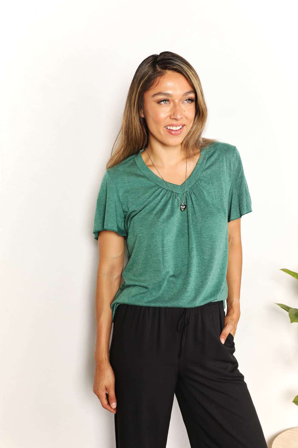 Double Take Ruched V-Neck Short Sleeve T-Shirt - Tigbuls Variety Fashion
