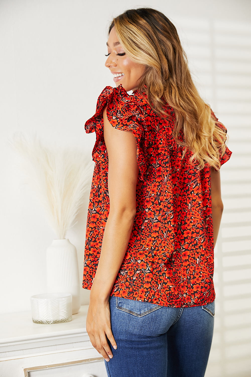 Double Take Floral Flutter Sleeve Notched Neck Blouse - Tigbuls Variety Fashion
