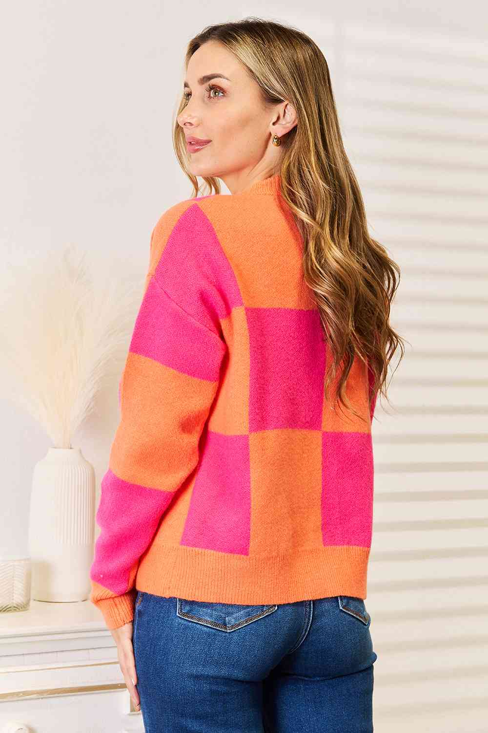Checkered V-Neck Dropped Shoulder Cardigan - Tigbuls Variety Fashion