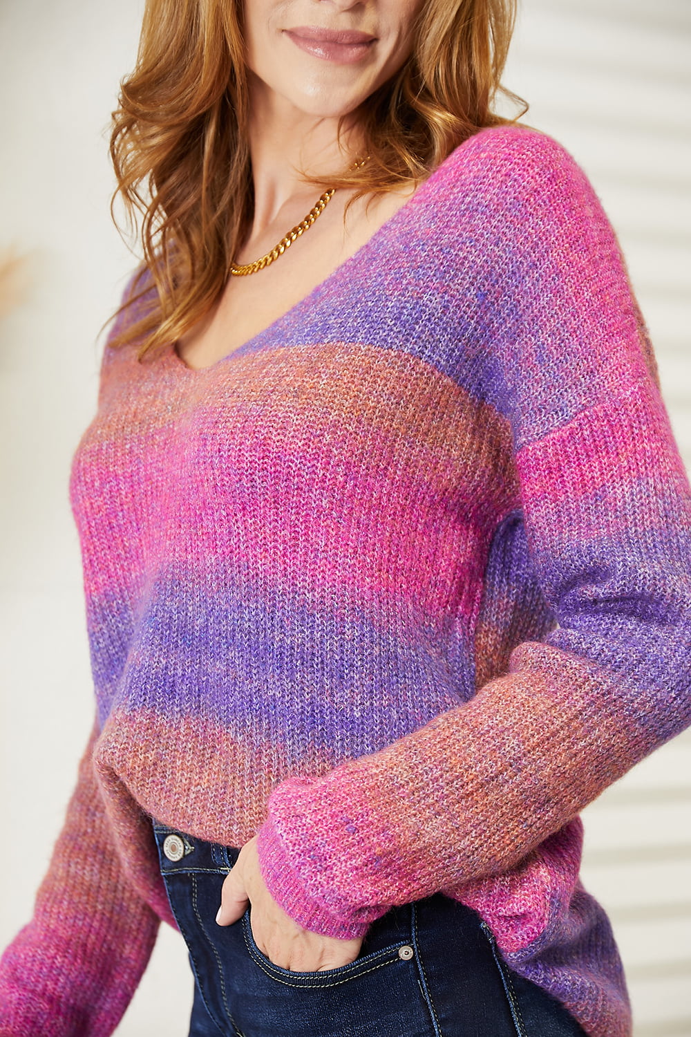 Double Take Multicolored Rib-Knit V-Neck Knit Pullover - Tigbuls Variety Fashion