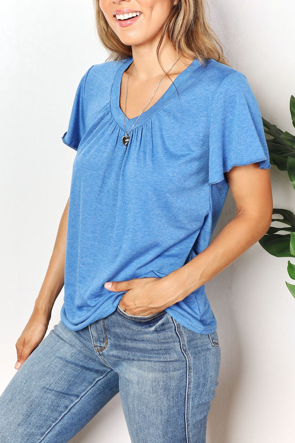 Double Take Ruched V-Neck Short Sleeve T-Shirt - Tigbuls Variety Fashion