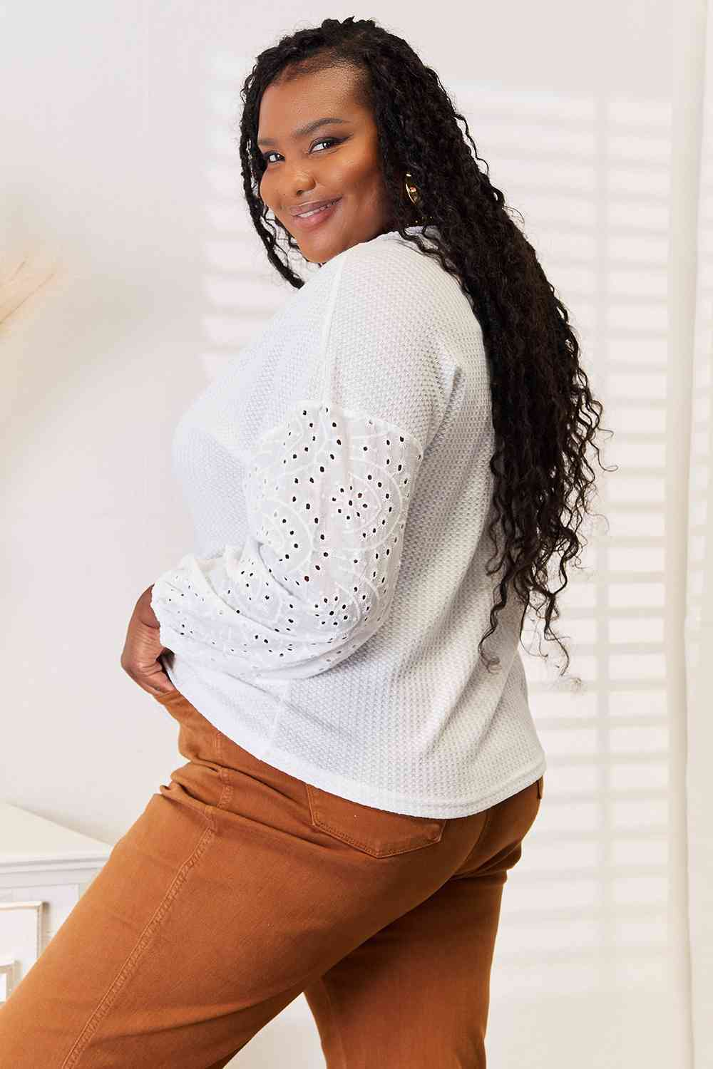 Double Take Eyelet Dropped Shoulder Round Neck Blouse - Tigbuls Variety Fashion