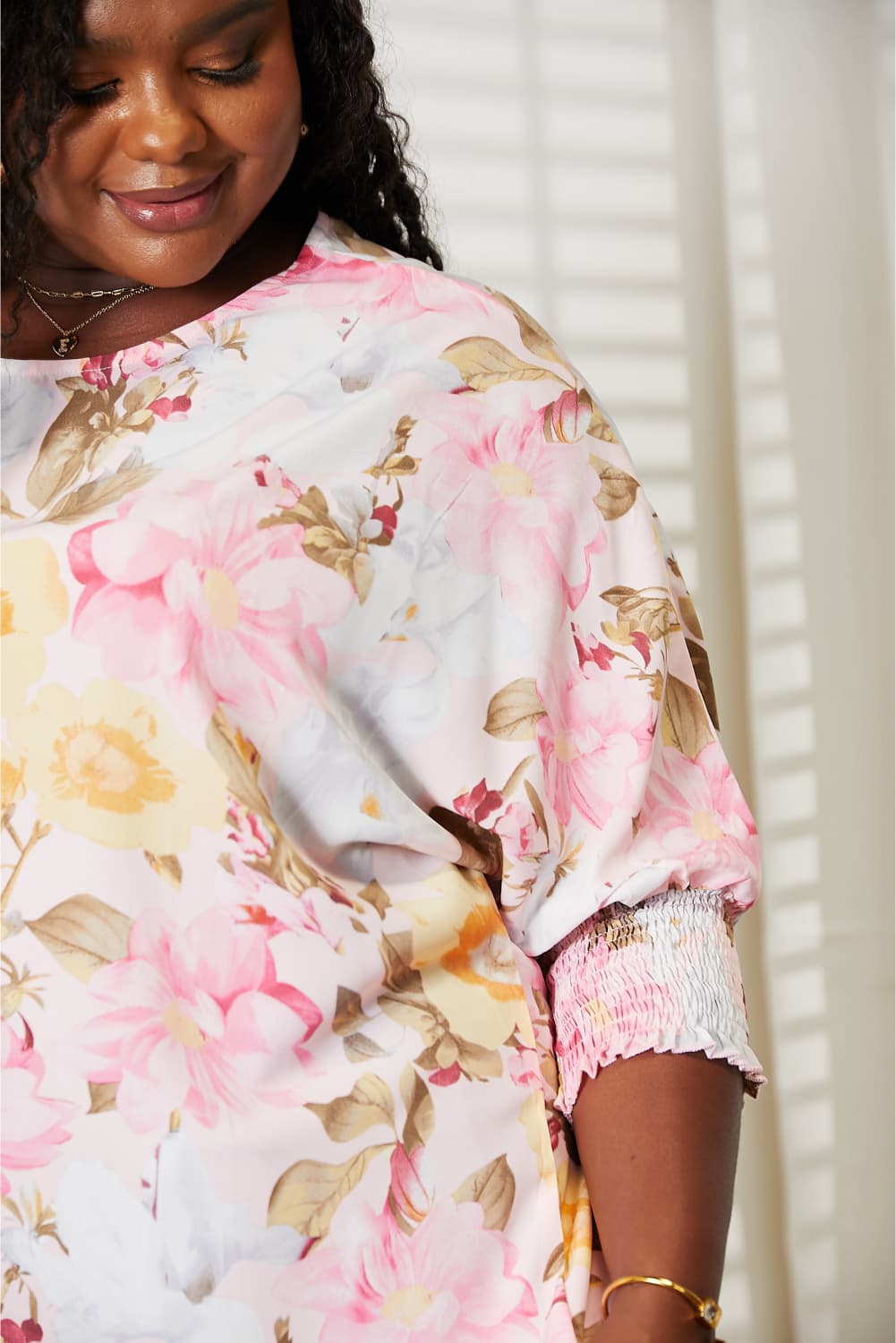 Double Take Floral Round Neck Three-Quarter Sleeve Top - Tigbuls Variety Fashion