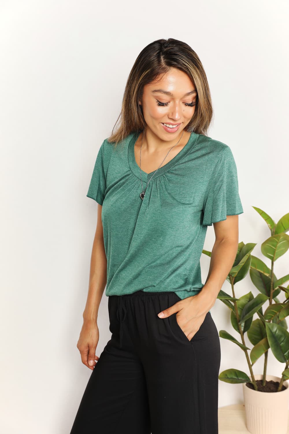 Double Take Ruched V-Neck Short Sleeve T-Shirt - Tigbuls Variety Fashion