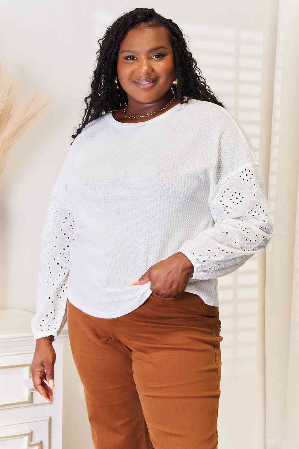 Double Take Eyelet Dropped Shoulder Round Neck Blouse - Tigbuls Variety Fashion