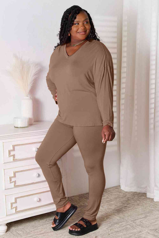 Basic Bae Full Size V-Neck Soft Rayon Long Sleeve Top and Pants Lounge Set - Tigbuls Variety Fashion