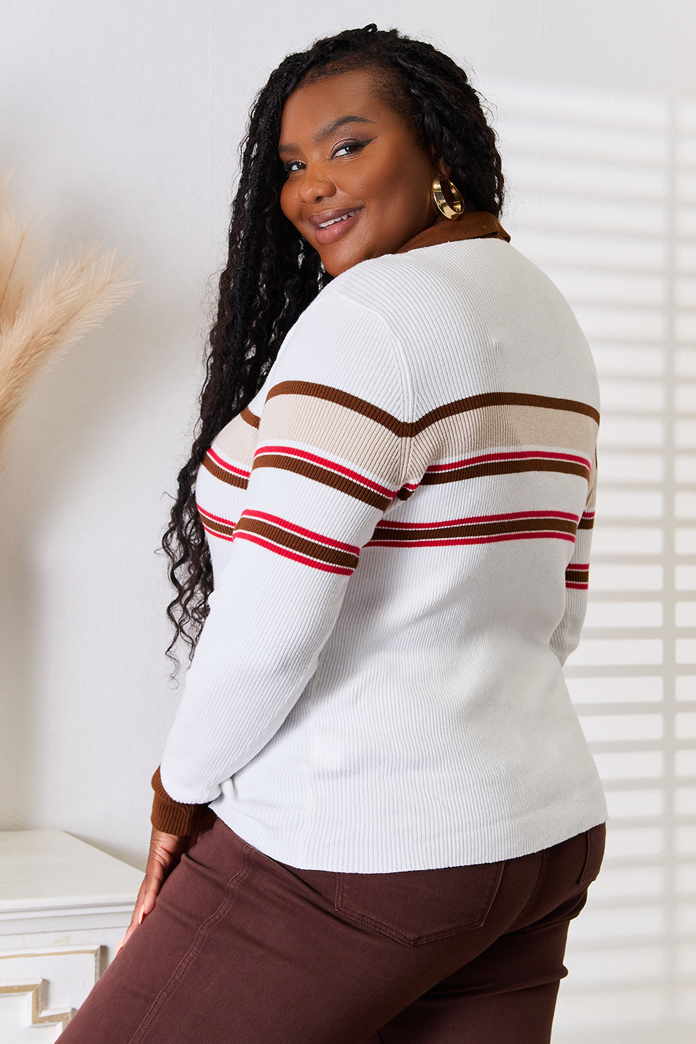 Basic Bae Striped Collared Neck Rib-Knit Top - Tigbuls Variety Fashion