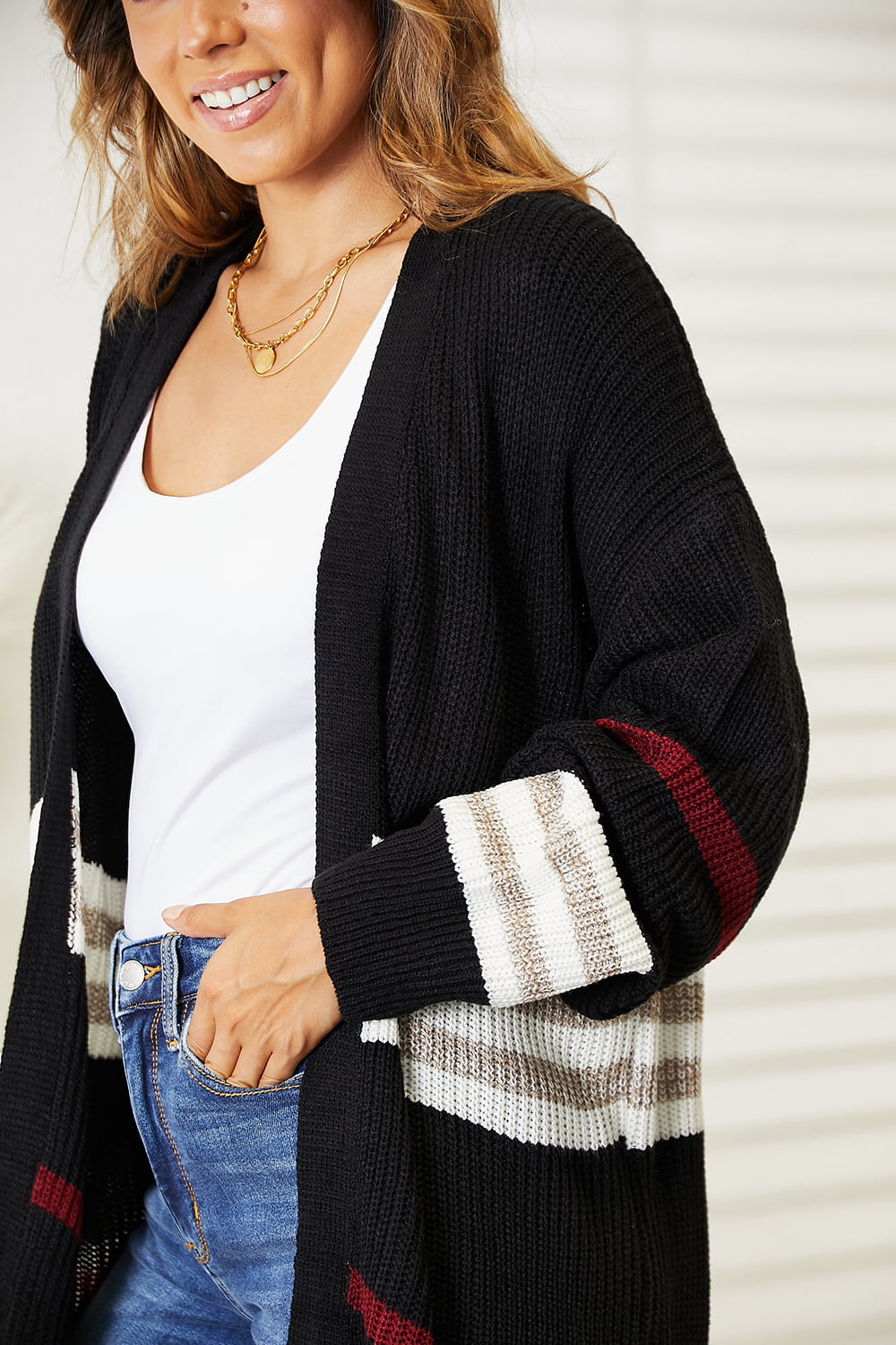 Double Take Striped Rib-Knit Drop Shoulder Open Front Cardigan - Tigbuls Variety Fashion