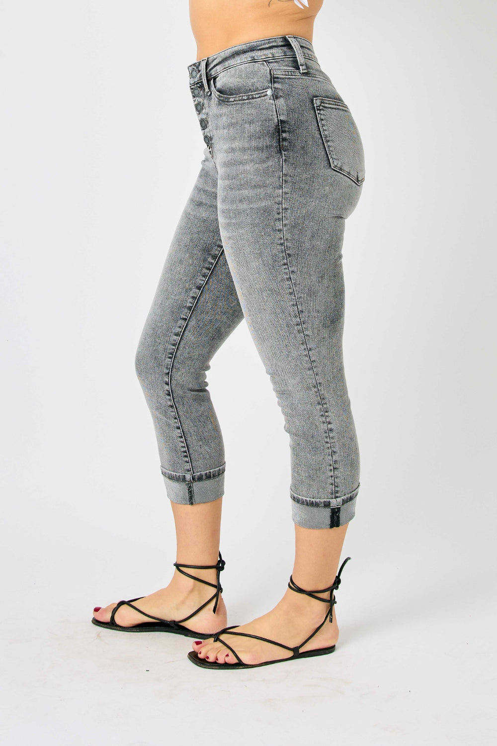 Judy Blue Full Run Size Button Fly High Waist Cuffed Capris - Tigbul's Variety Fashion Shop