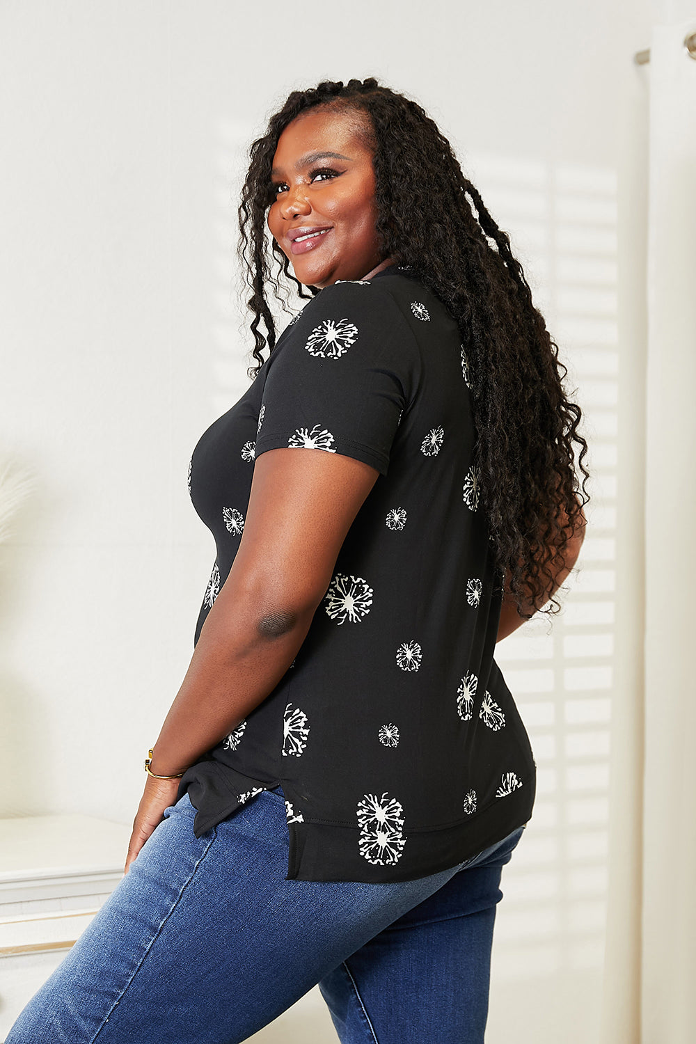 Double Take Dandelion Print Round Neck T-Shirt - Tigbuls Variety Fashion