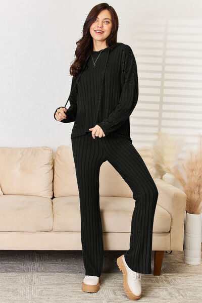 Basic Bae Full Size Ribbed Drawstring Hood Top and Straight Pants Set - Tigbuls Variety Fashion