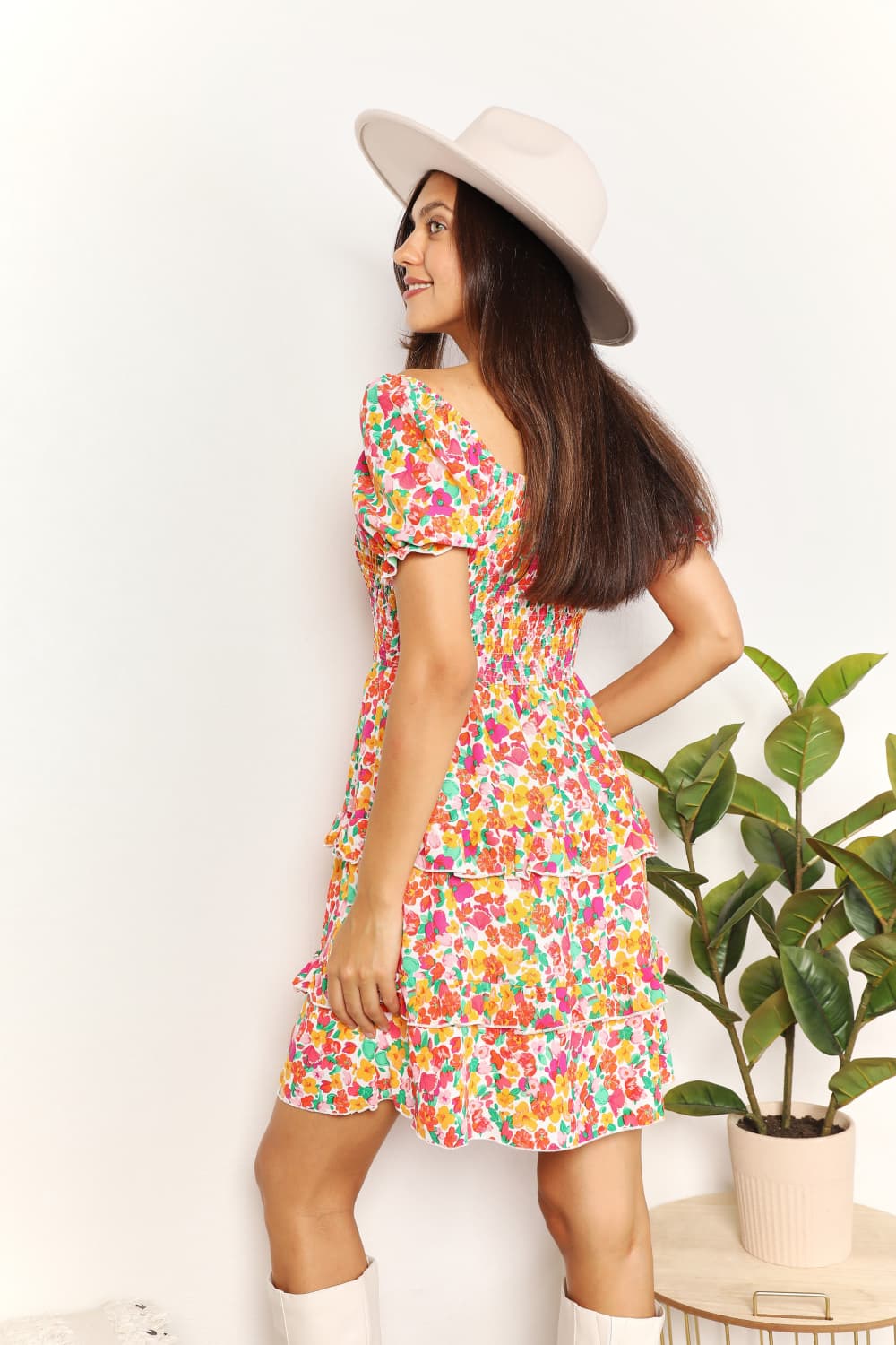 Smocked Sweetheart Neck Flounce Sleeve Mini Dress - Tigbul's Variety Fashion Shop