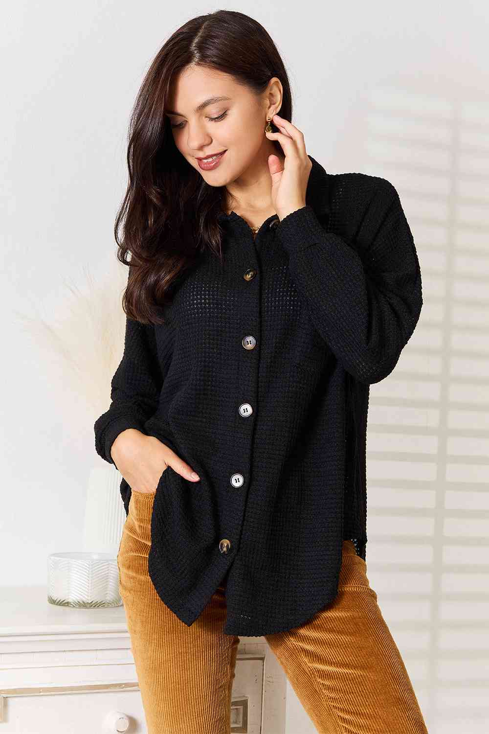 Double Take Waffle-Knit Collared Neck Dropped Shoulder Shirt - Tigbuls Variety Fashion