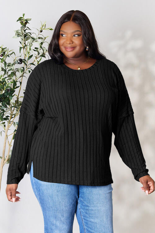 Ribbed Round Neck Long Sleeve T-Shirt - Tigbuls Variety Fashion
