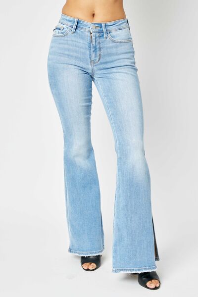Judy Blue Mid Rise Raw Hem Slit Flare Jeans Up to 24W - Tigbul's Variety Fashion Shop