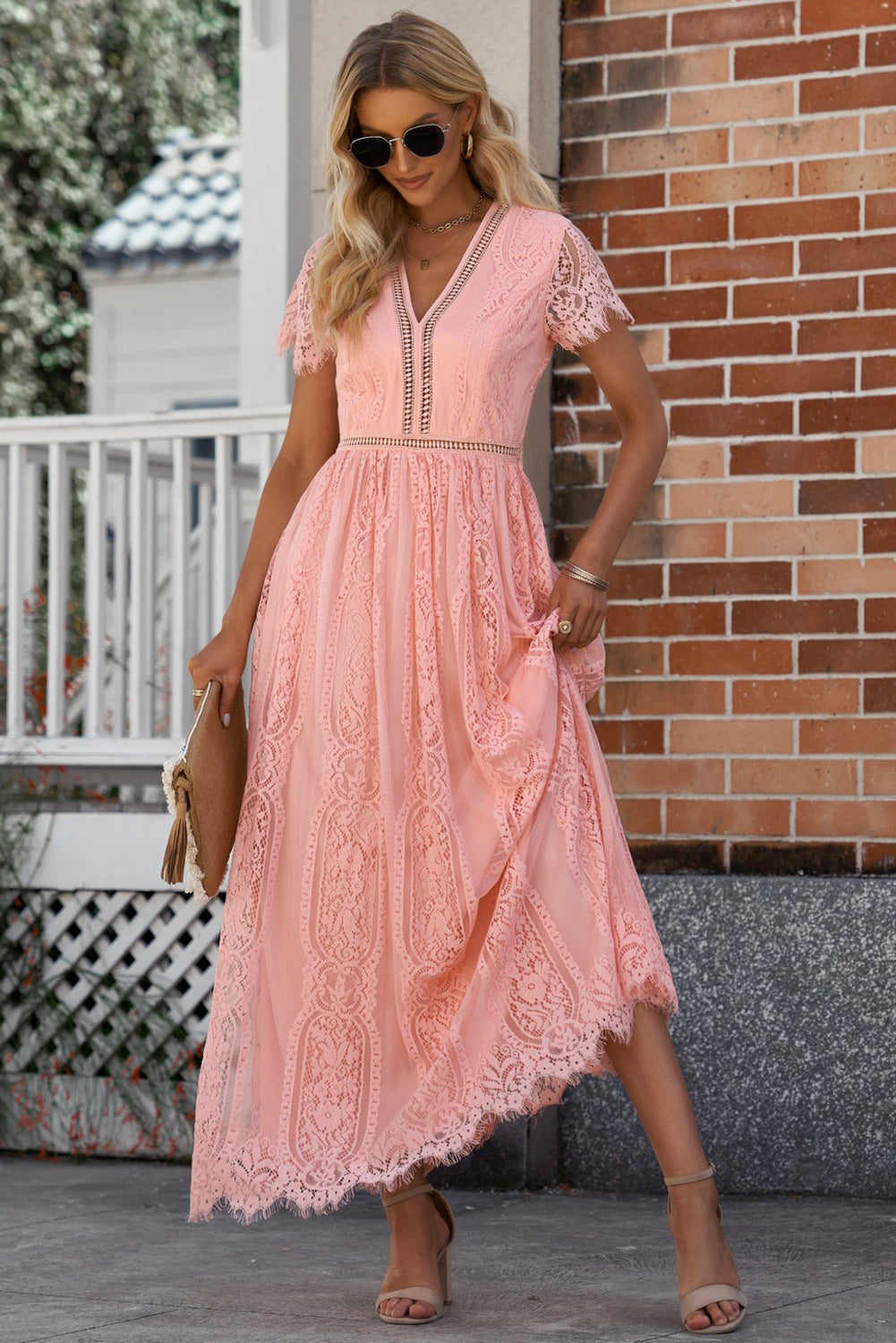 Scalloped Trim Lace Plunge Dress - Tigbul's Fashion