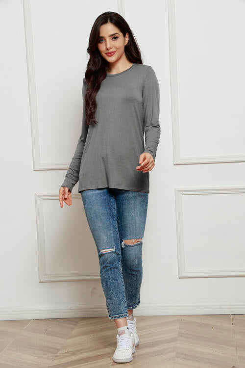 Round Neck Long Sleeve Top - Tigbuls Variety Fashion