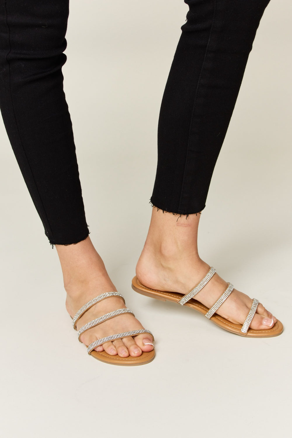 Tan Rhinestone Three-Strap Flat Sandals - Tigbul's Variety Fashion Shop