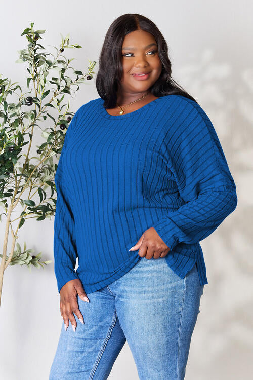 Ribbed Round Neck Long Sleeve T-Shirt - Tigbuls Variety Fashion