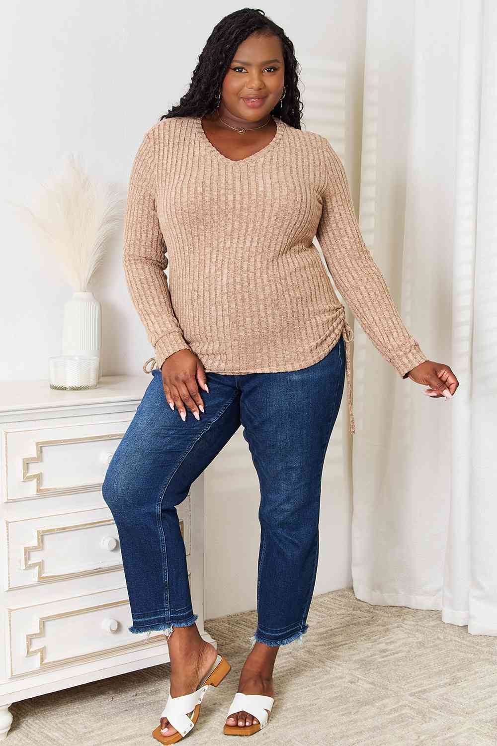 Double Take Drawstring Ribbed Long Sleeve T-Shirt - Tigbuls Variety Fashion