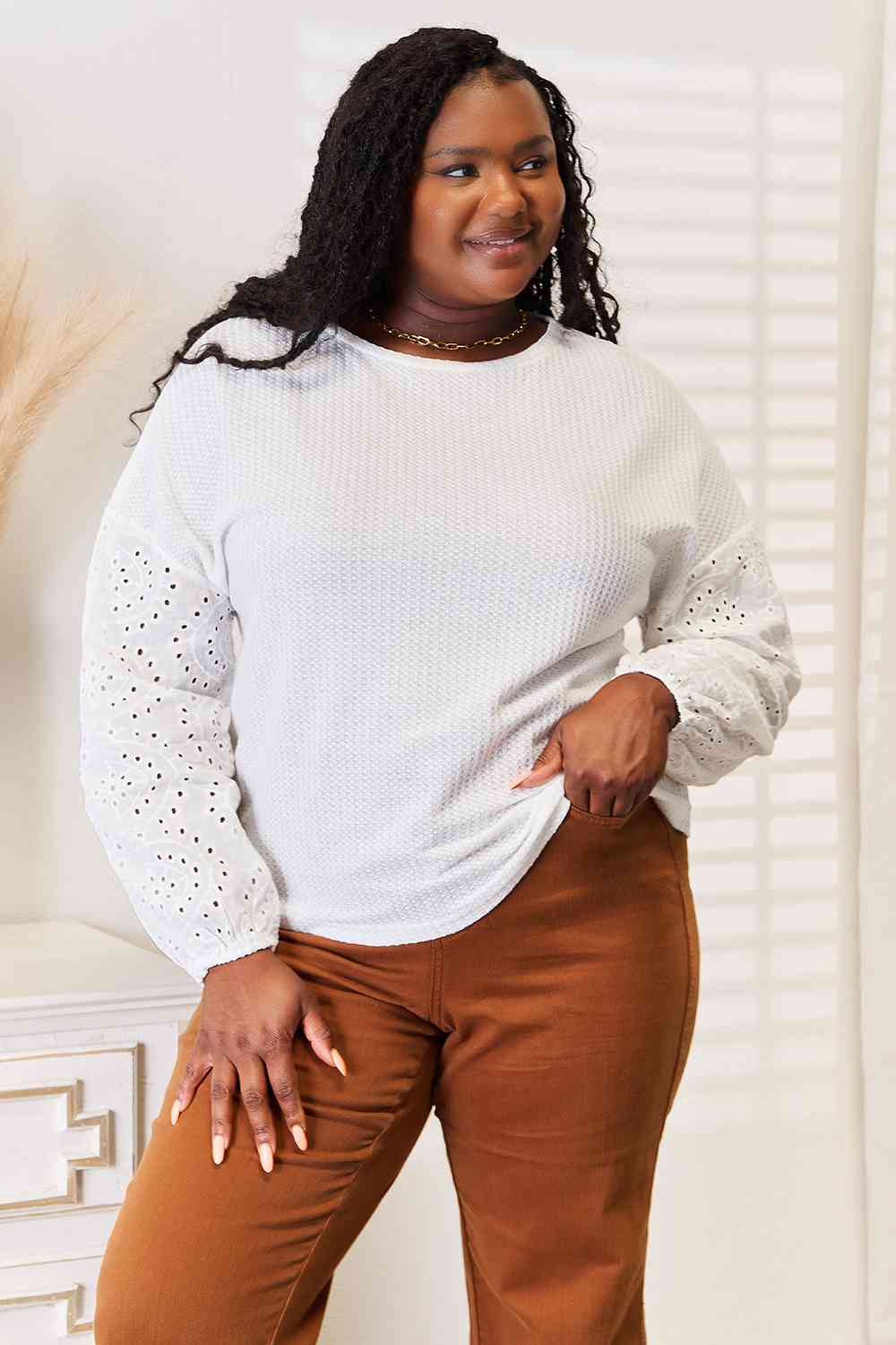 Double Take Eyelet Dropped Shoulder Round Neck Blouse - Tigbuls Variety Fashion