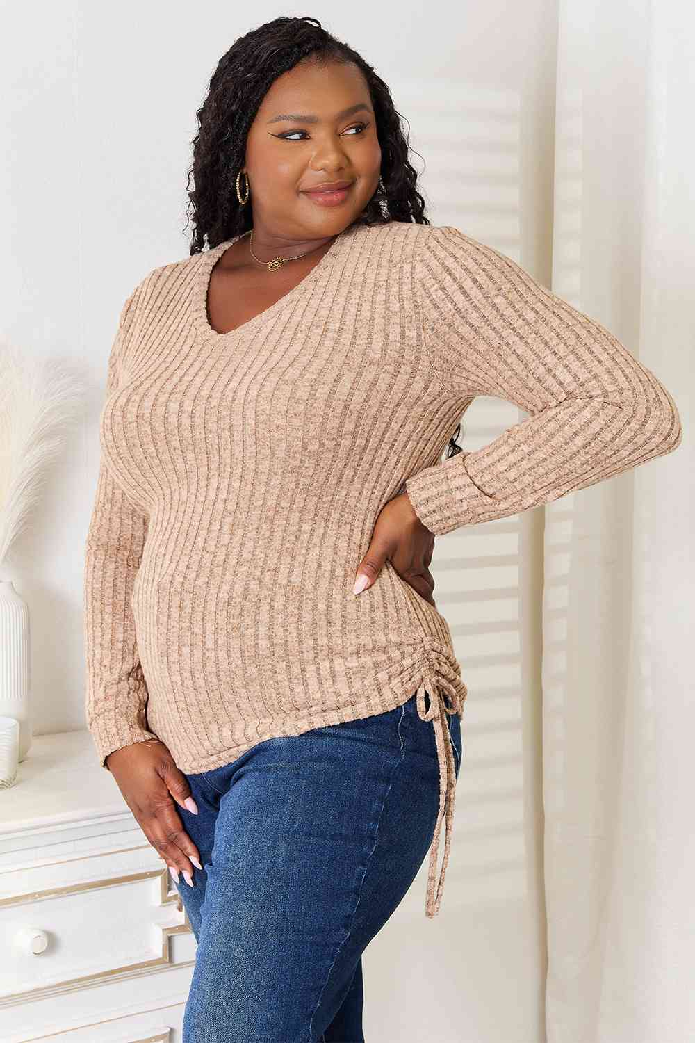 Double Take Drawstring Ribbed Long Sleeve T-Shirt - Tigbuls Variety Fashion