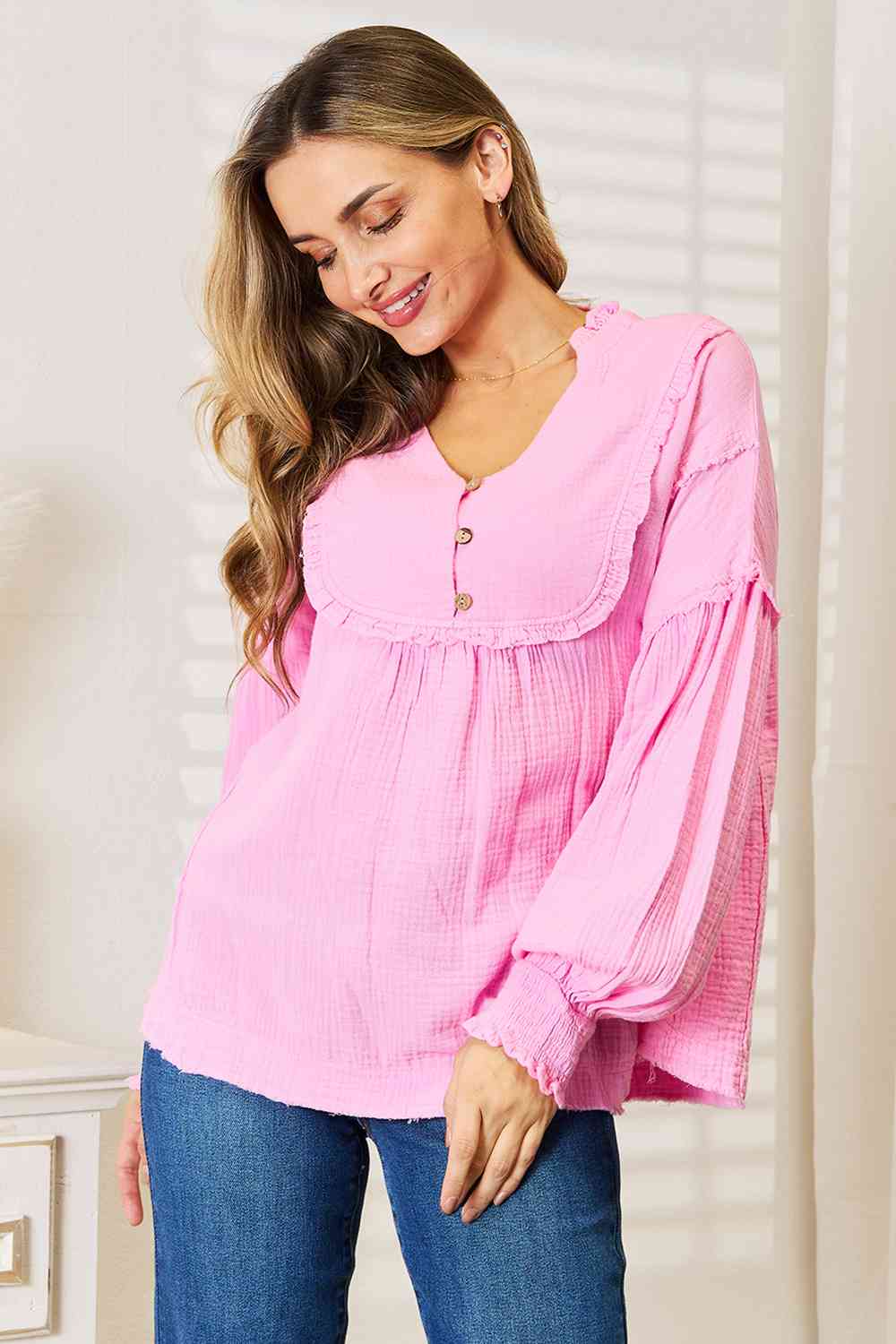 Pink Exposed Seam Buttoned Notched Neck Blouse - Tigbul's Variety Fashion Shop