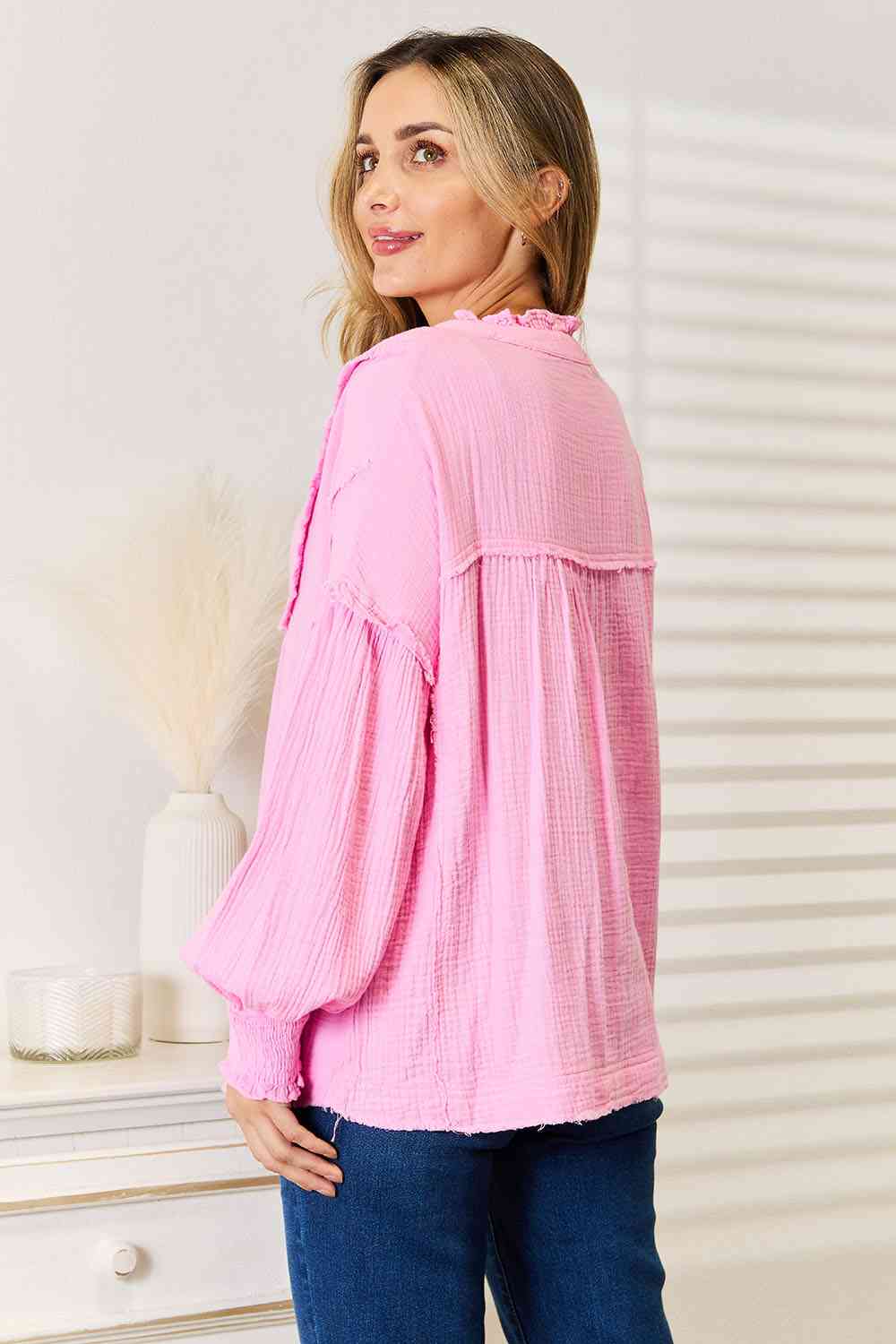 Pink Exposed Seam Buttoned Notched Neck Blouse - Tigbul's Variety Fashion Shop