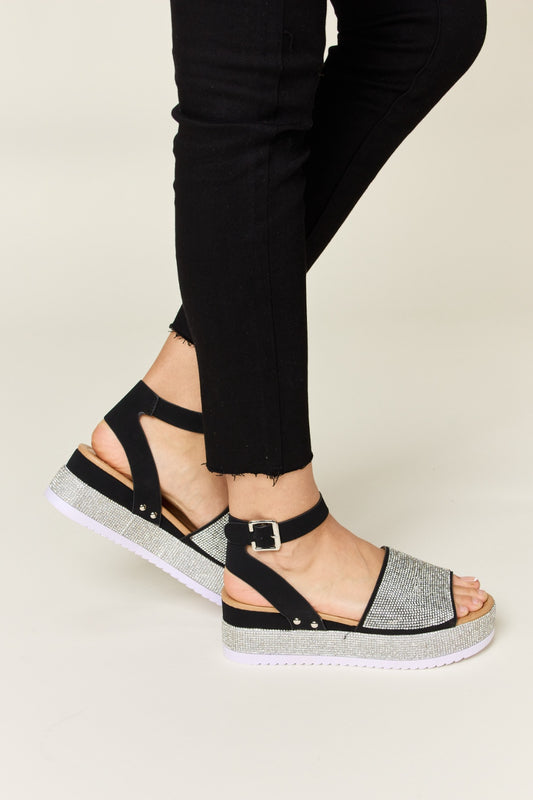 Black Rhinestone Buckle Strappy Wedge Sandals - Tigbul's Variety Fashion Shop