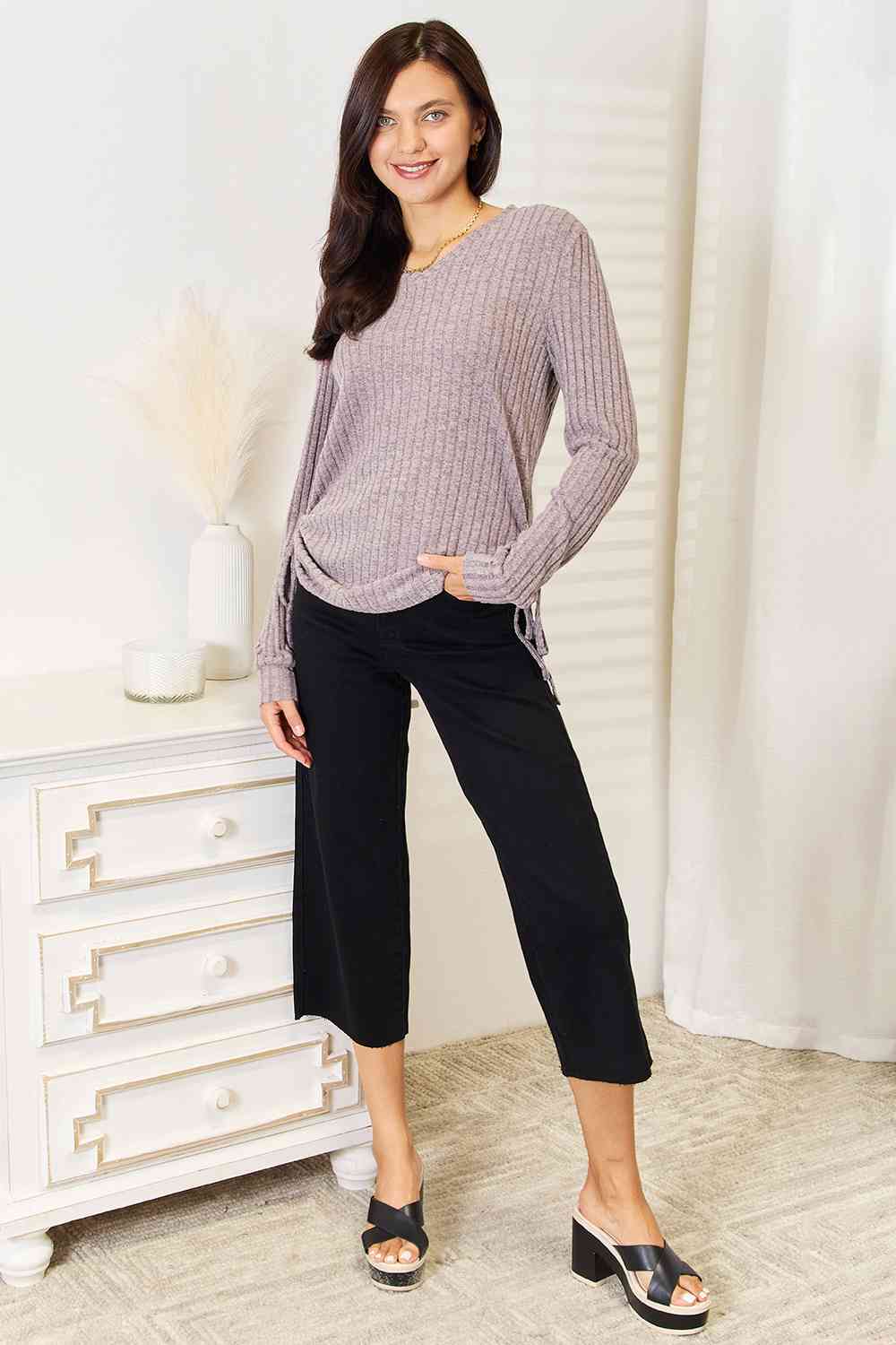 Double Take Drawstring Ribbed Long Sleeve T-Shirt - Tigbuls Variety Fashion