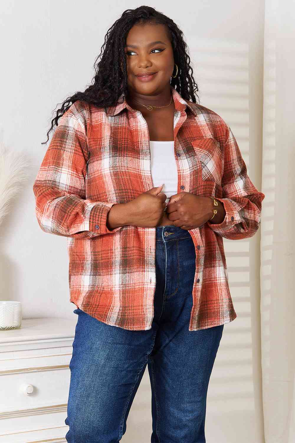 Double Take Plaid Collared Neck Long Sleeve Shirt - Tigbuls Variety Fashion