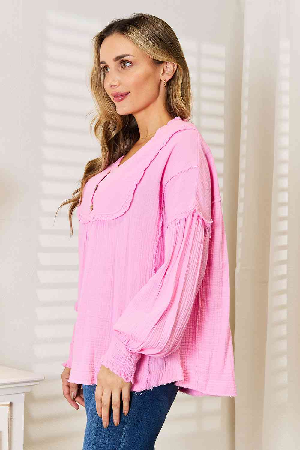 Pink Exposed Seam Buttoned Notched Neck Blouse - Tigbul's Variety Fashion Shop