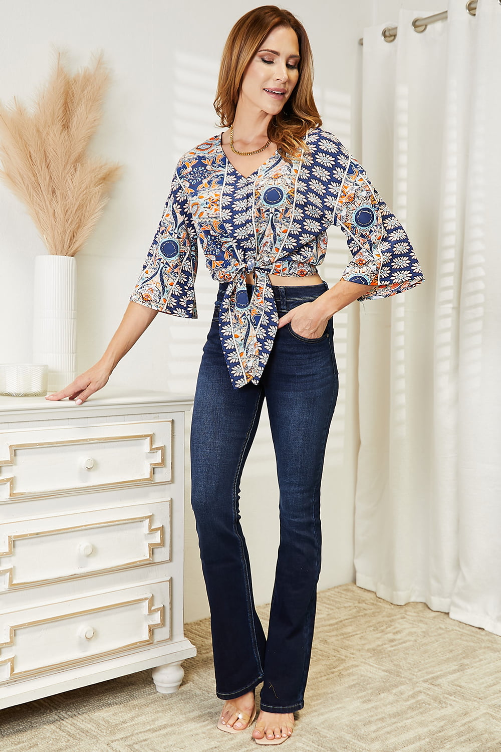 Double Take Tie Hem V-Neck Three-Quarter Sleeve Blouse - Tigbuls Fashion
